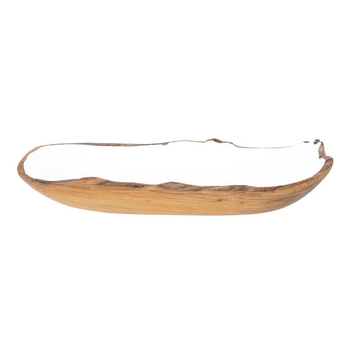 Front view of Rico & Plato dorito medium teak bowl with white interior displayed on a white background