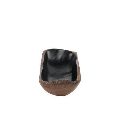 Side view of small teak bowl with black interior displayed vertically on a white background