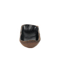 Side view of small teak bowl with black interior displayed vertically on a white background