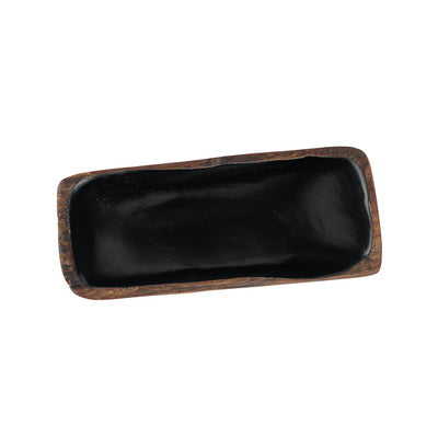 Top view of small teak bowl with black interior displayed on a white background