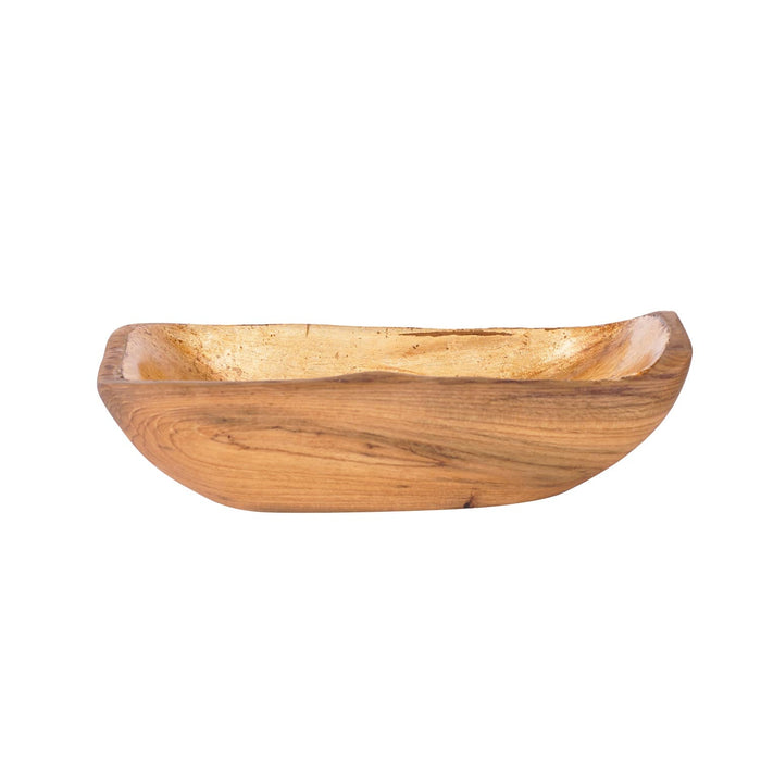 Side view of small teak bowl with gold leaf interior displayed on a white background