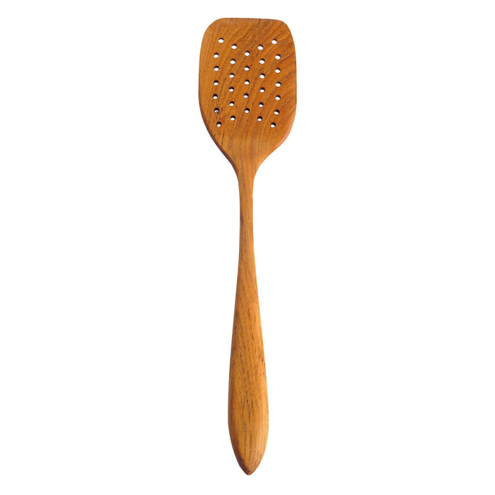 Rico & Plato emanuel teak spatula with air holes displayed vertically on a white background