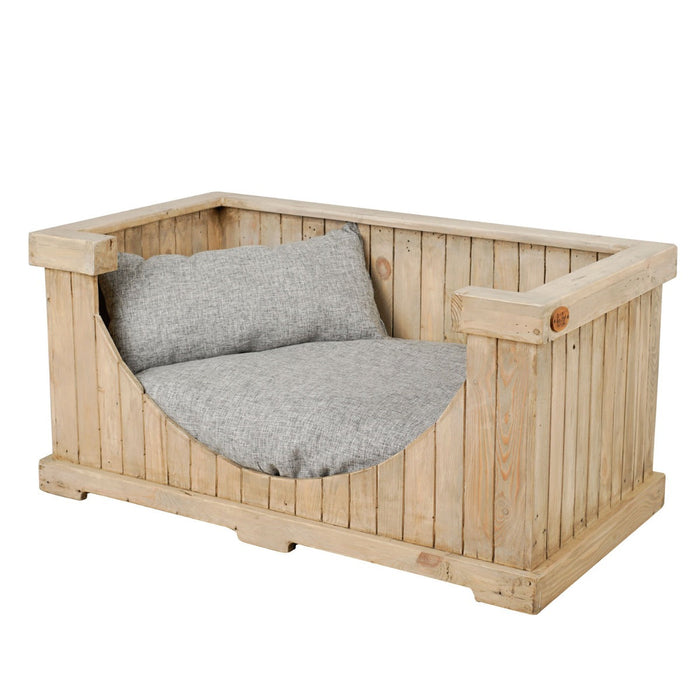 Rico & Plato fangio wooden pet bed with cushions inserted inside meant for large sized dog breeds displayed on a white background