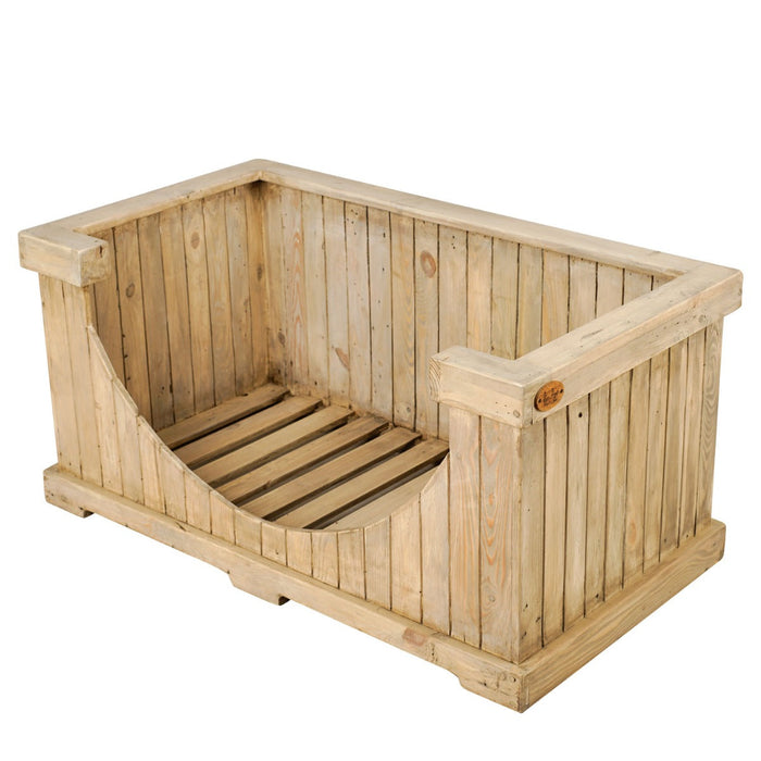 Rico & Plato fangio wooden pet bed meant for large sized dog breeds displayed on a white background