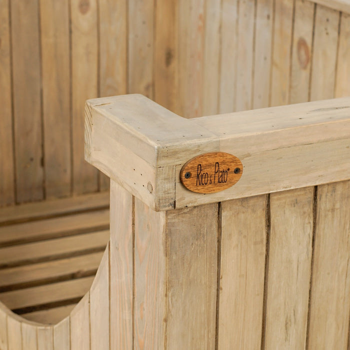 Close up of Rico & Plato logo on Rico & Plato fangio wooden pet bed for large sized dog breeds