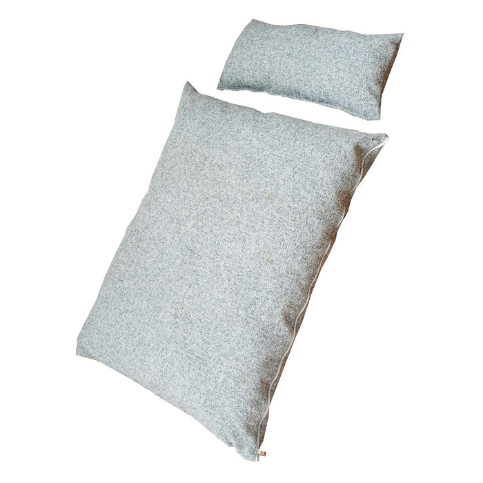 Two light grey cushions, one large and other small, displayed on a white background