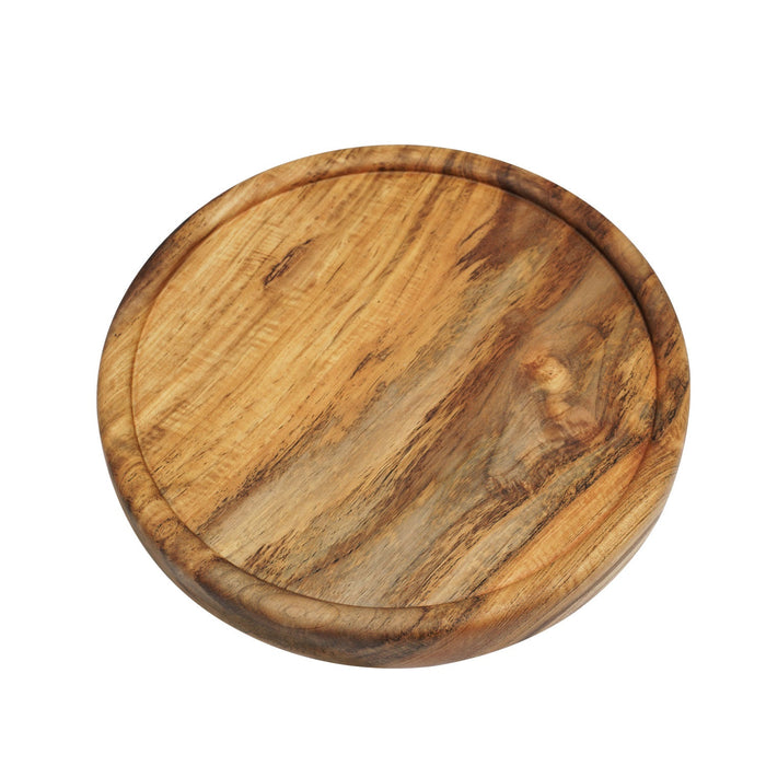 Top view of circular wooden platter displayed on a white background