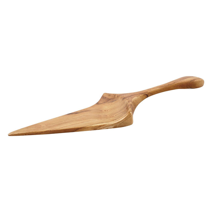 Side view of teak pizza/cake server displayed on a white background