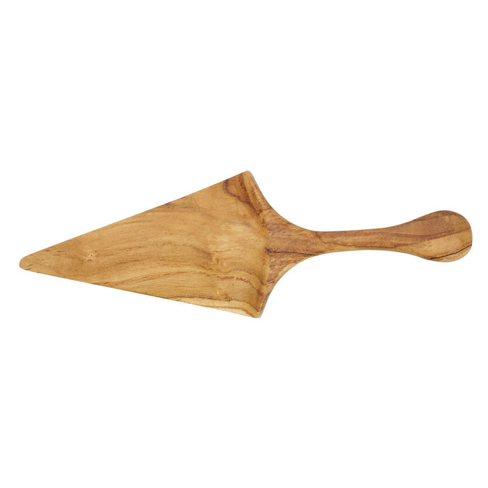 Top view of teak pizza/cake server displayed horizontally on a white background