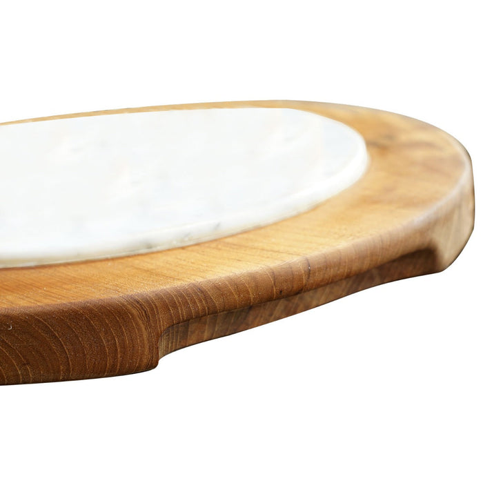 Close up of integrated handle of teak cheese/sushi server displayed on a white background