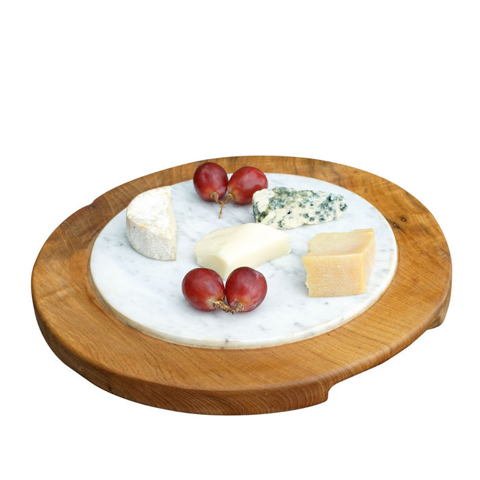Teak cheese server with integrated handles with cheese and grapes displayed on a white background