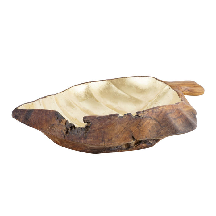Side view of teak fruit bowl sahped as a leaf with gold leaf interior displayed on a white background