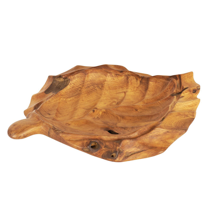 Teak fruit bowl shaped as a leaf displayed on a white background