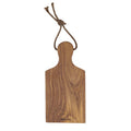 Rico & Plato ginger teak cutting board serving platter with a rope handle displayed vertically on a white background