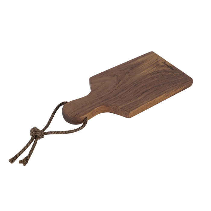 Rico & Plato ginger teak cutting board serving platter with a rope handle displayed on a white background