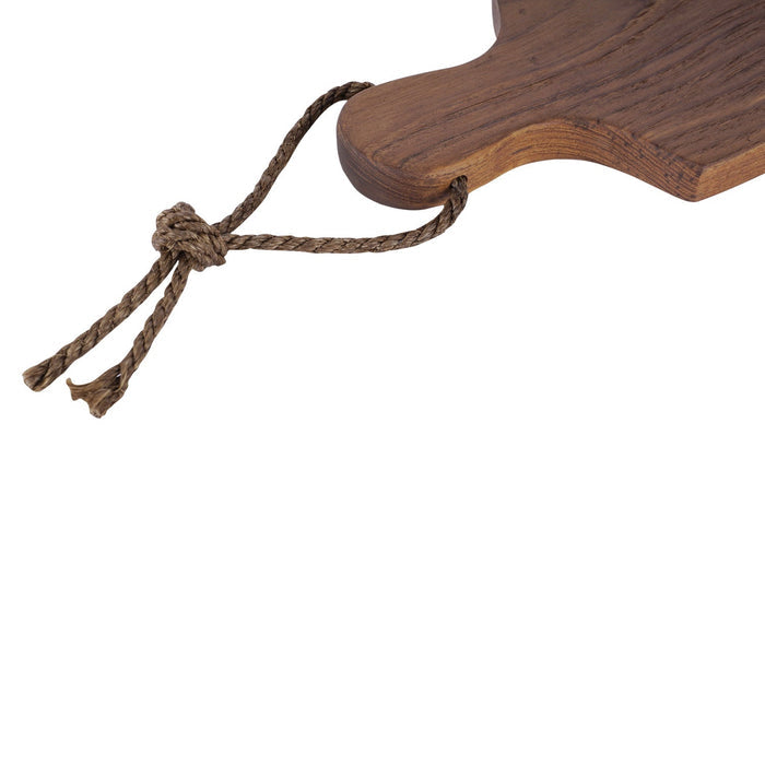 Close up of rope handle of Rico & Plato ginger teak cutting board serving platter displayed on a white background