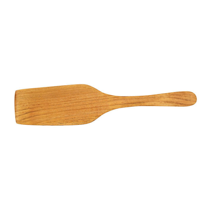 Top view of a teak spatula on a white background