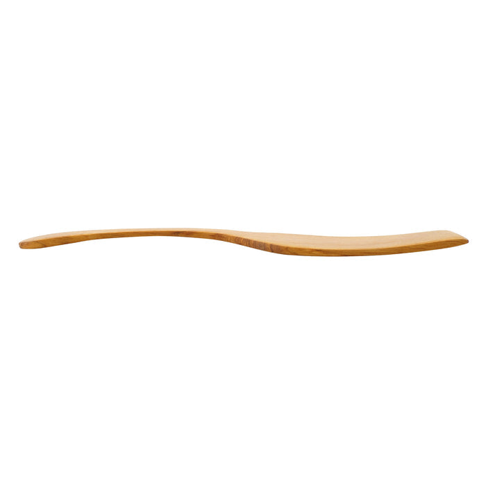 Side, horizontal view of a teak spatula on white background