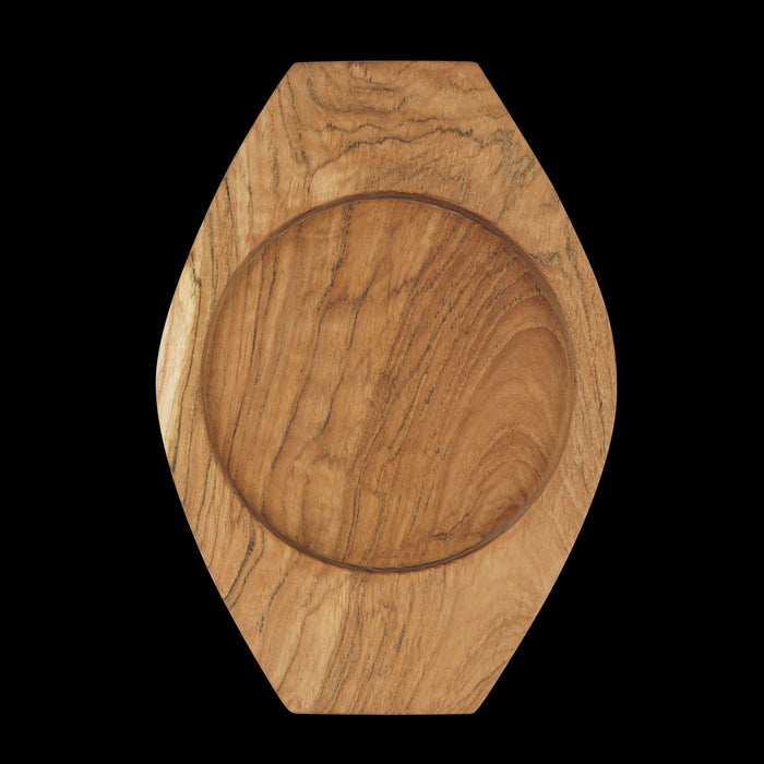 Top view of Rico & Plato granny teak serving platter displayed on a black background