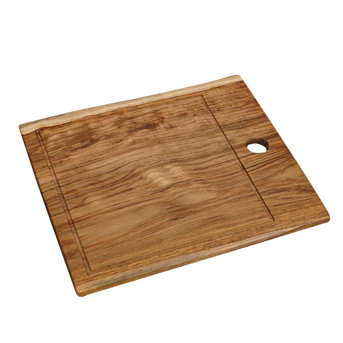 Large teak cutting board with a hole as a handle displayed on a white background