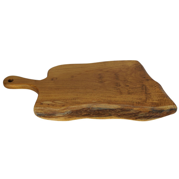 Teak cutting & serving board with handle displayed on a white background