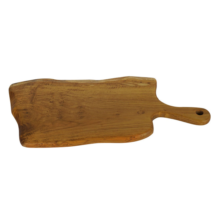 Top view of teak cutting & serving board displayed on a white background