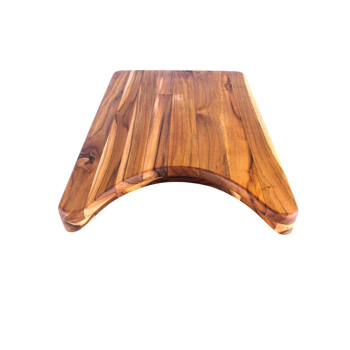 Teak cutting board with a plate cut out displayed on a white background