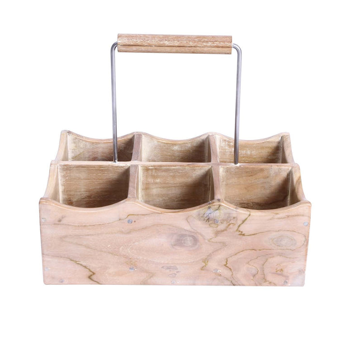 Front view of Rico & Plato kent oak bottle and glass holder with whitewash finish displayed on a white background