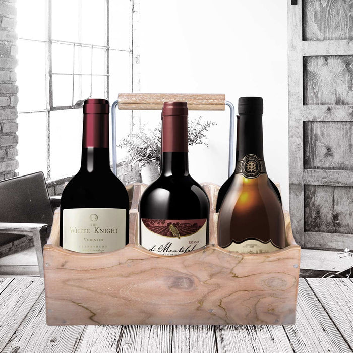 Rico & Plato kent oak bottle and glass holder with whitewash finish with wine bottles inside, on a whitewash wood, and in a living room setting