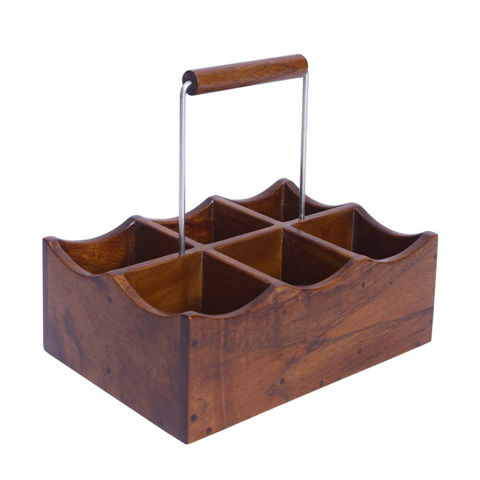 Oak bottle and glass holder with handle displayed on a white background