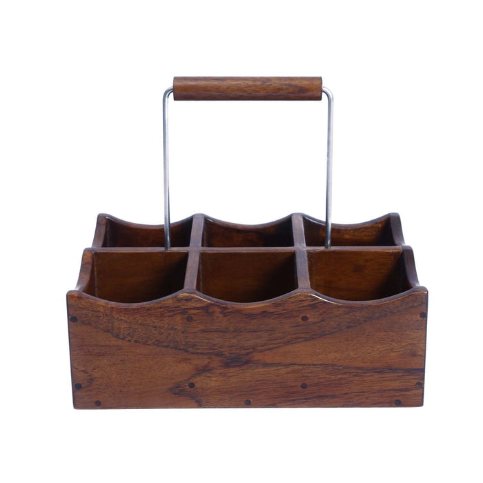 Front view of oak bottle and glass holder with handle displayed on a white background