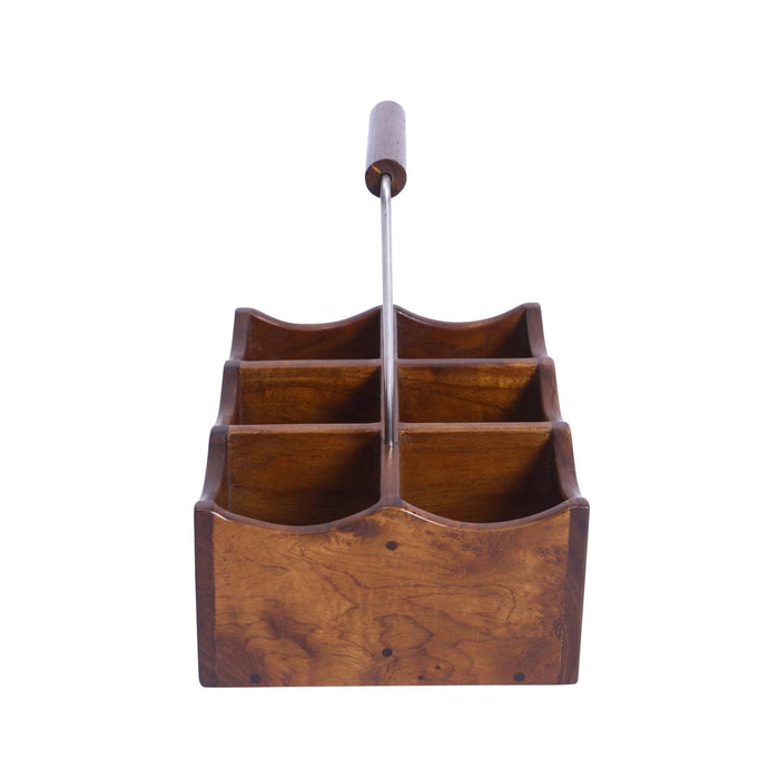 Side view of oak bottle and glass holder with handle displayed on a white background
