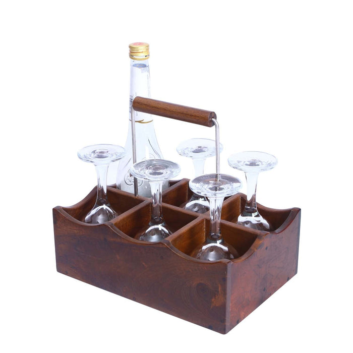 Oak bottle and glass holder with a bottle and 5 wine glasses inside displayed on a white background