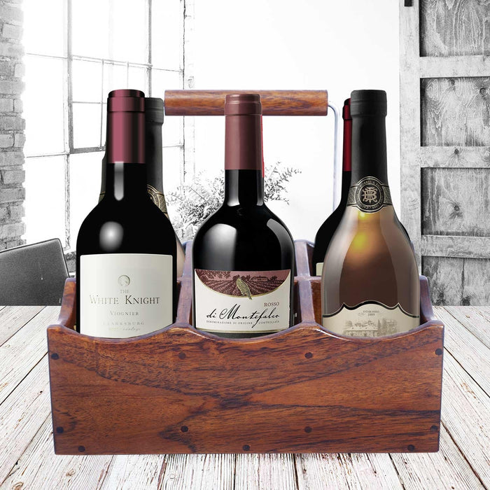 Front view of oak bottle and glass holder with wine bottles inside displayed on a wooden surface in a living room setting