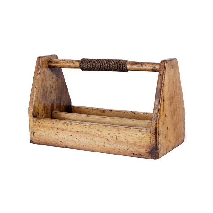 Large pine wood barbecue caddy with partial roped handle displayed on a white background