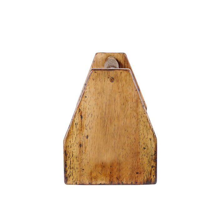 Side view of large pine wood barbecue caddy with partial roped handle displayed on a white background