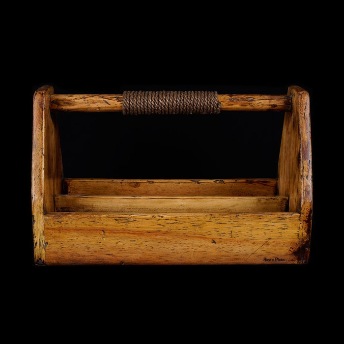 Front view of large pine wooden barbecue grill caddy with partial roped handle displayed on a black background