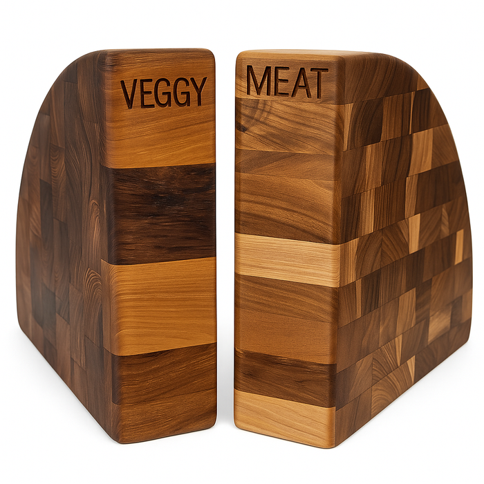 Two wooden cutting boards labeled 'Veggy' and 'Meat' on a white background