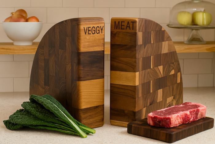 Two wooden cutting boards labeled 'Veggy' and 'Meat' with vegetables and a steak on a kitchen counter.