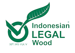Logo of Indonesian Legal Wood with a green leaf and circular design.