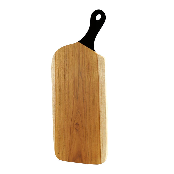 Teak cutting board with black handle displayed vertically on a white background