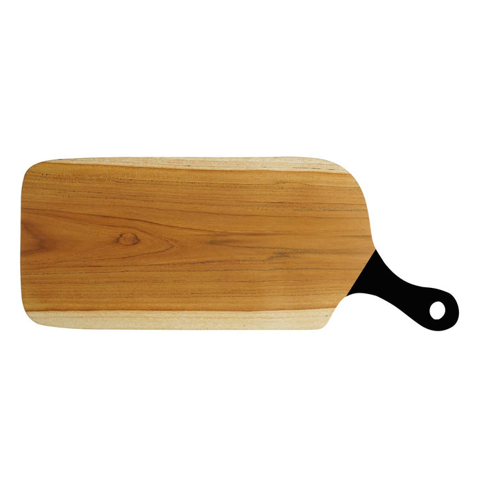 Teak cutting board with black handle displayed horizontally on a white background