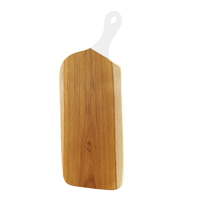 Teak cutting board with white handle displayed vertically on a white background
