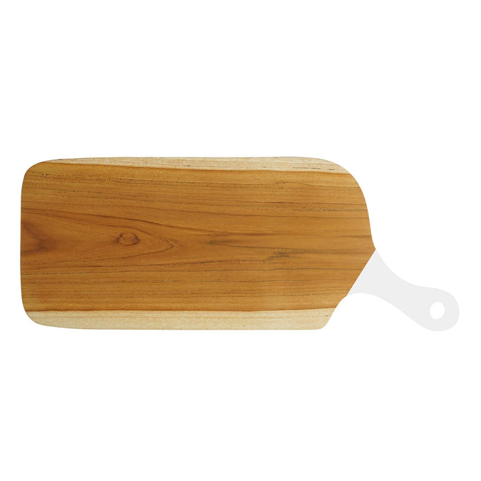 Teak cutting board with white handle displayed horizontally on a white background