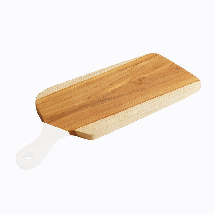 Teak cutting board with white handle displayed on a white background