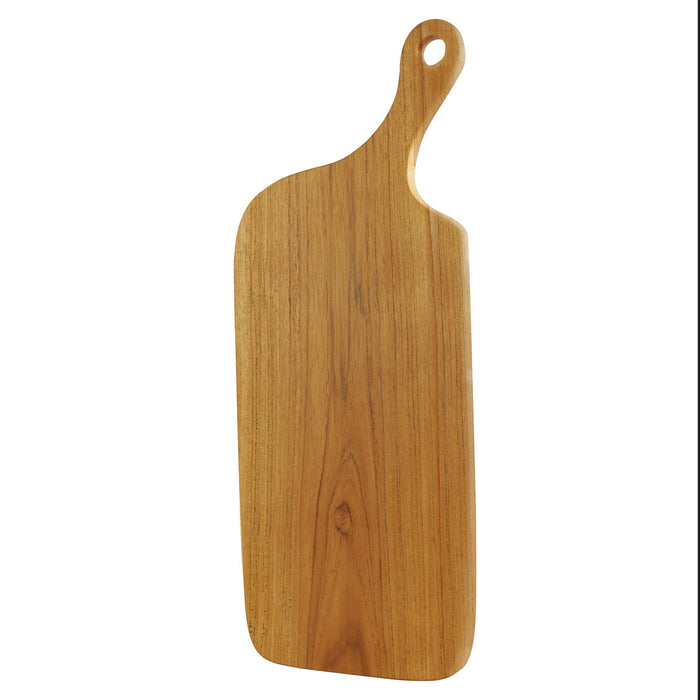 Teak cutting board with natural teak handle displayed vertically displayed on a white background