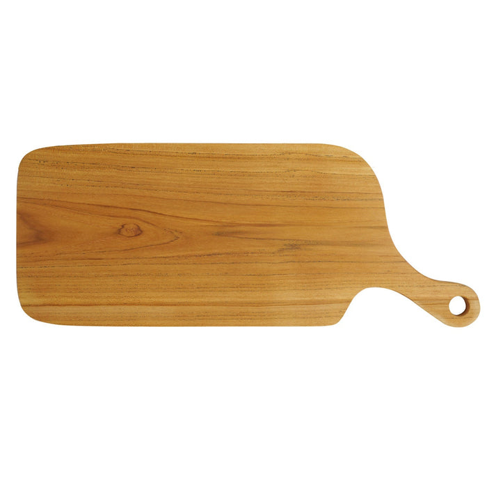 Teak cutting board with natural teak handle displayed horizontally on a white background