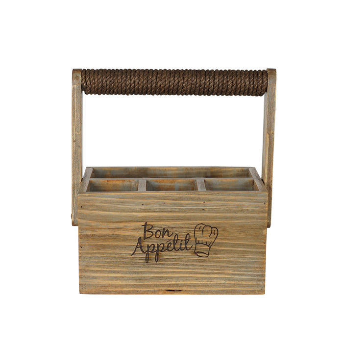 Front view of wooden crate with 'Bon Appetit' engraving and rope handle on a white background