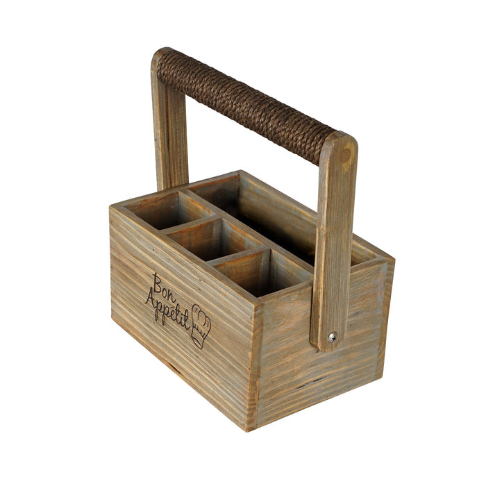 4 compartment cutlery caddy with roped handle displayed on a white background