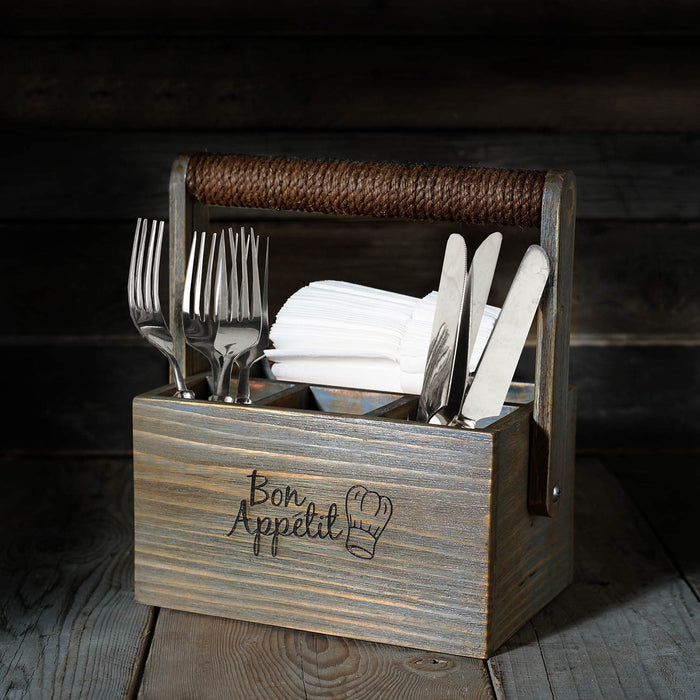 4 compartment cutlery caddy with roped handle with silverware placed inside displayed on a wooden surface